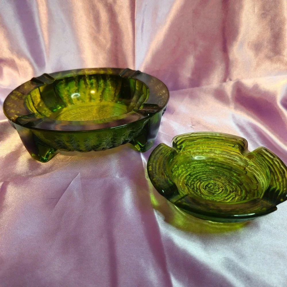 Vintage Green Glass Ashtray Set Mid-Century Modern Textured Bark & Beehive 2pc